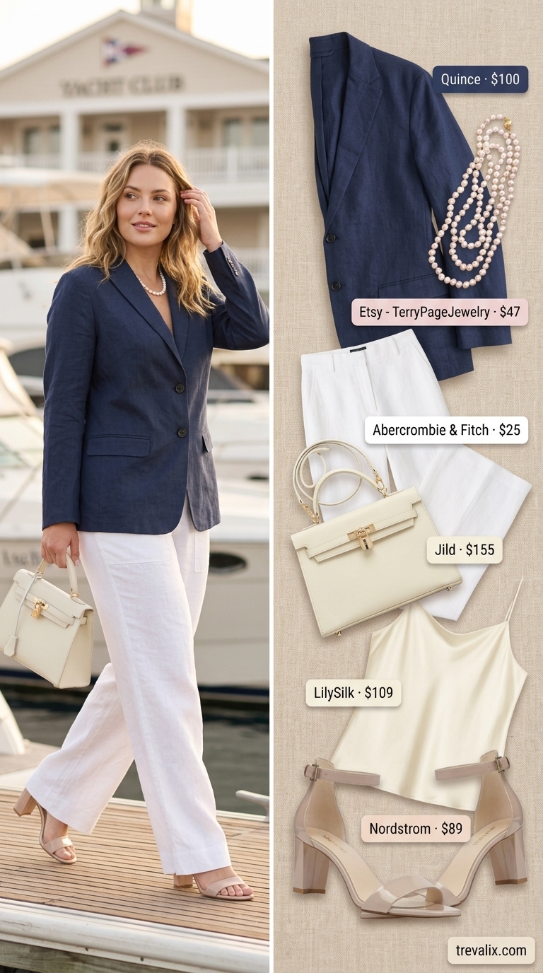 Summer Old Money Pearl Outfit 2026: Yacht Club Summer old money pearl outfit for women 2026: Navy blazer, white trousers, pearl necklace for yacht club.