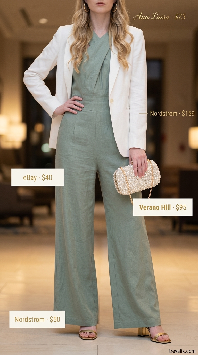 Summer Old Money Pearl Outfit 2026: Art Deco Evening Chic summer old money pearl outfit for women 2026: sage jumpsuit, white blazer, pearl clutch for evening.