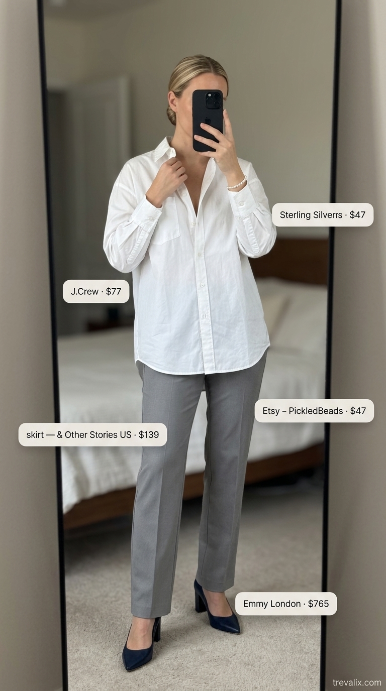 Summer Old Money Pearl Outfit 2026: Board Meeting Chic Professional summer old money pearl outfit for women 2026: grey trousers, white shirt, pearl bracelet for board meeting.