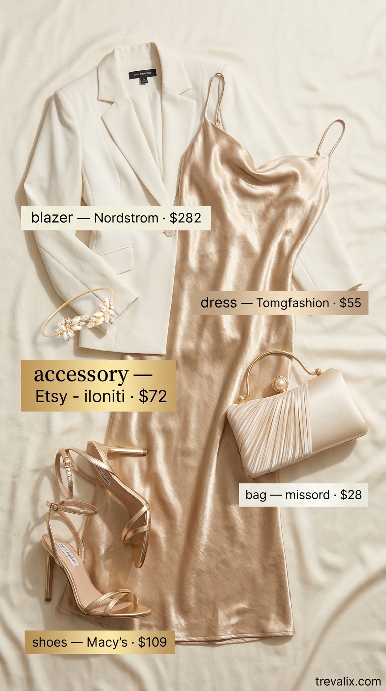 Summer Old Money Pearl Outfit 2026: Champagne Gala Opulent summer old money pearl outfit for women 2026: champagne slip dress, pearl bracelet for gala.