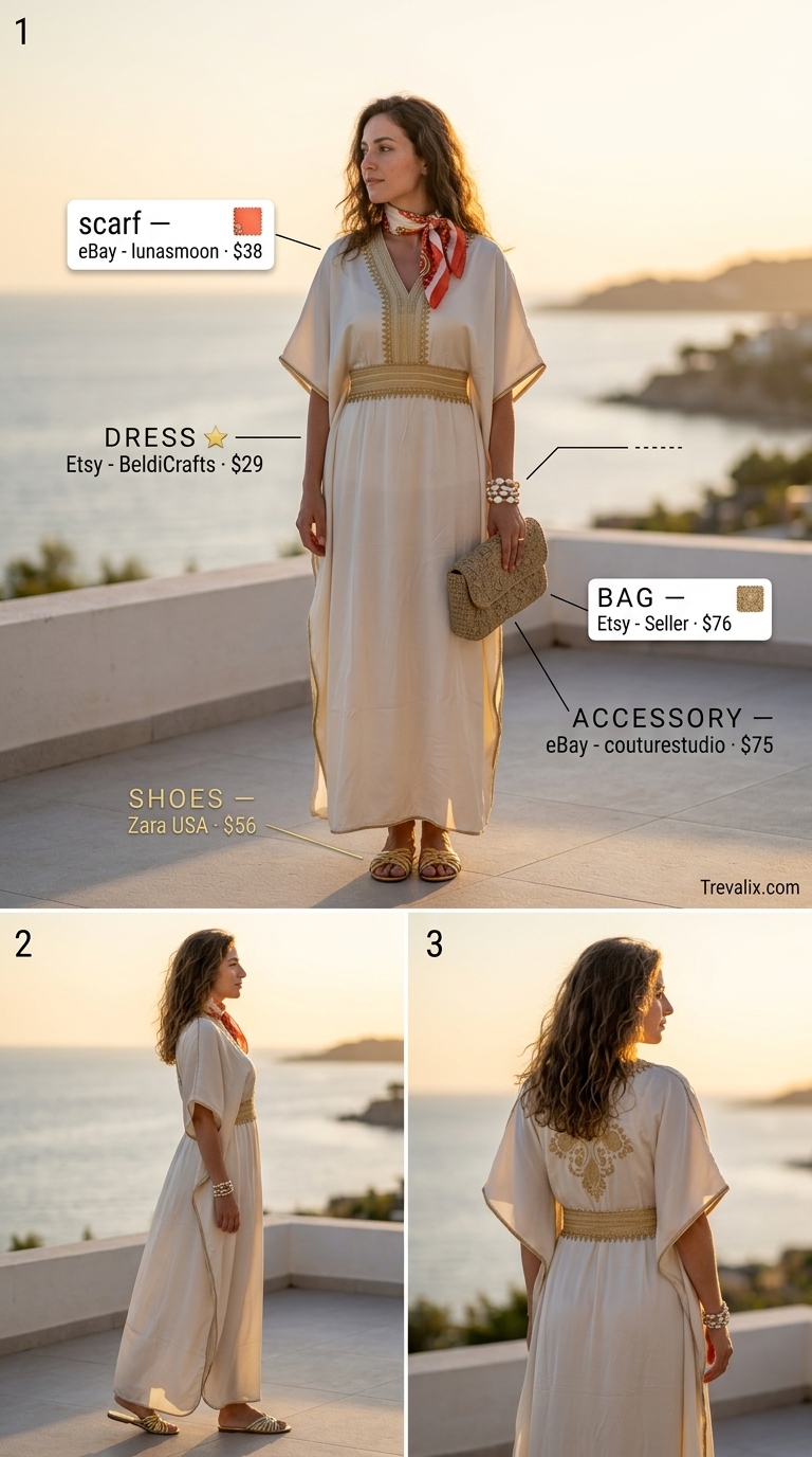 Summer Old Money Pearl Outfit 2026: Sunset Glamour Luxurious summer old money pearl outfit for women 2026: coral caftan, pearl bracelet for beach club.