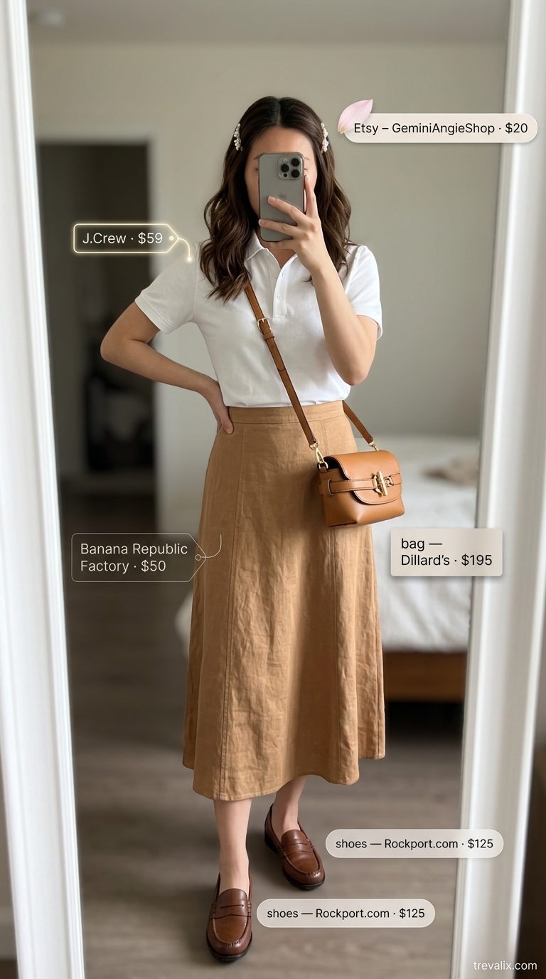 Summer Old Money Pearl Outfit 2026: Country Club Classic Preppy summer old money pearl outfit for women 2026: white polo, camel skirt, pearl hair clip for country club.
