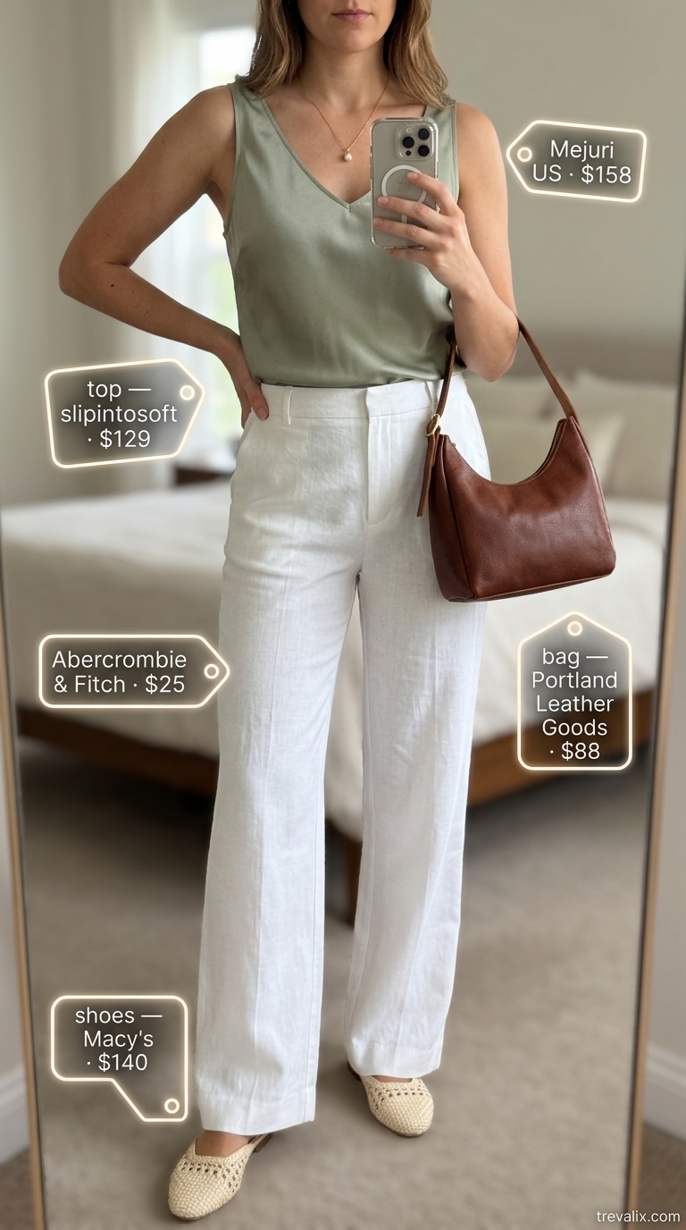 Summer Old Money Pearl Outfit 2026: Gallery Elegance Minimalist summer old money pearl outfit for women 2026: sage silk top, white linen pants, pearl necklace for gallery.
