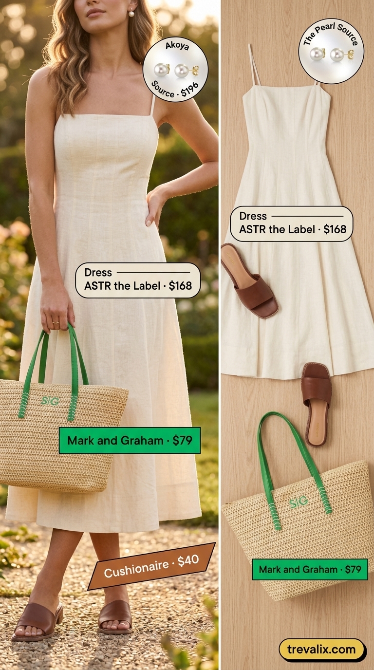 Summer Old Money Pearl Outfit 2026: Seaside Garden Party Elegant summer old money pearl outfit for women 2026: cream linen dress, pearl studs for garden party.