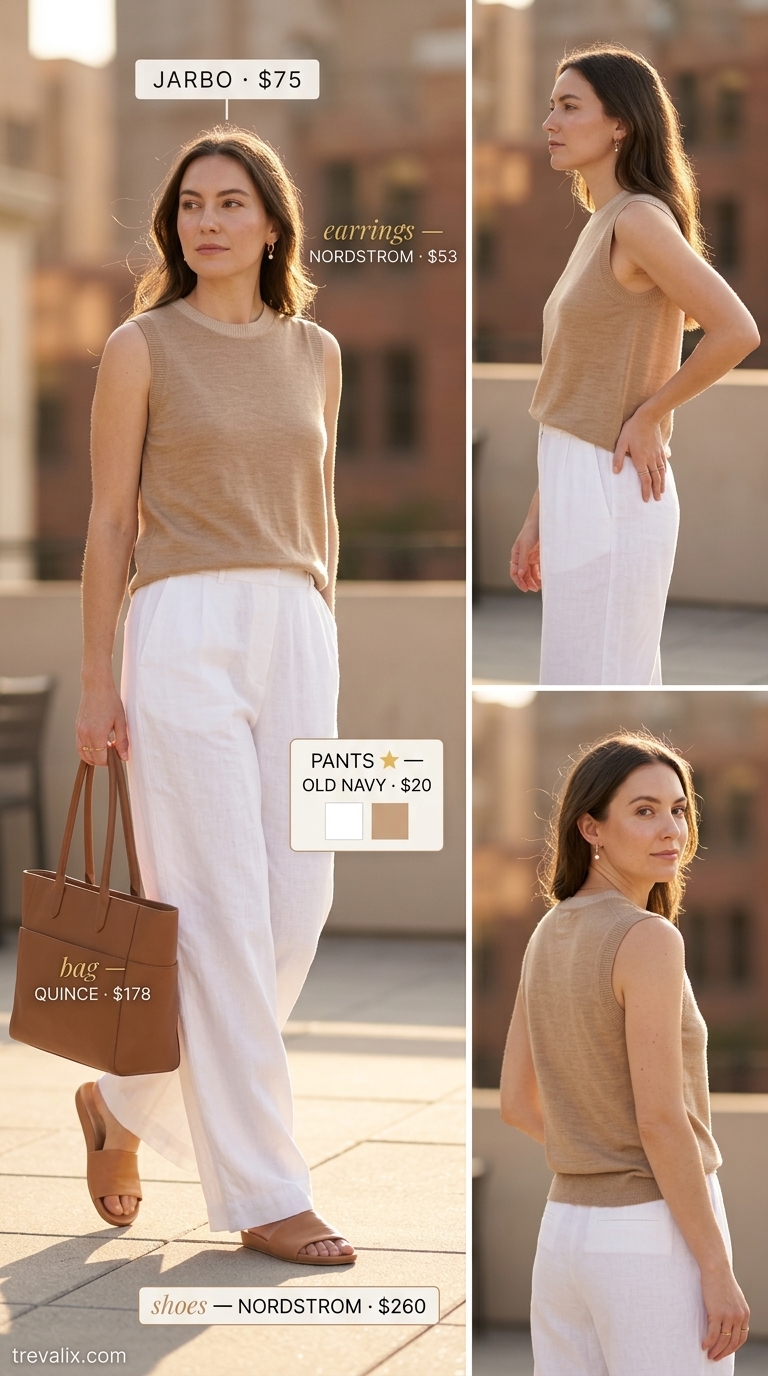 Summer Old Money Pearl Outfit 2026: Hamptons Style Relaxed summer old money pearl outfit for women 2026: camel knit tank, linen pants, pearl hoops for weekend getaway.