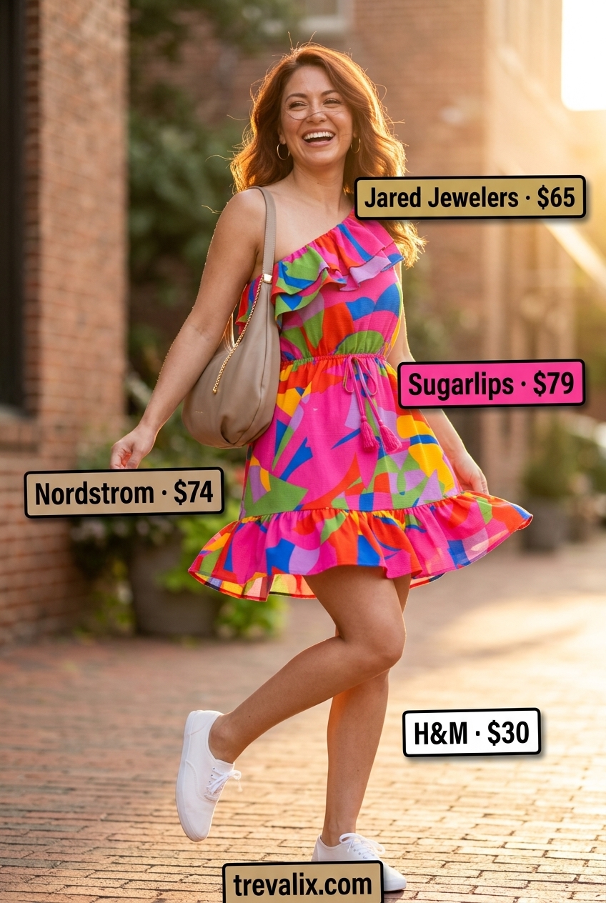 Multi-color abstract print one-shoulder mini dress outfit for women 2026, fun for summer parties and casual days.