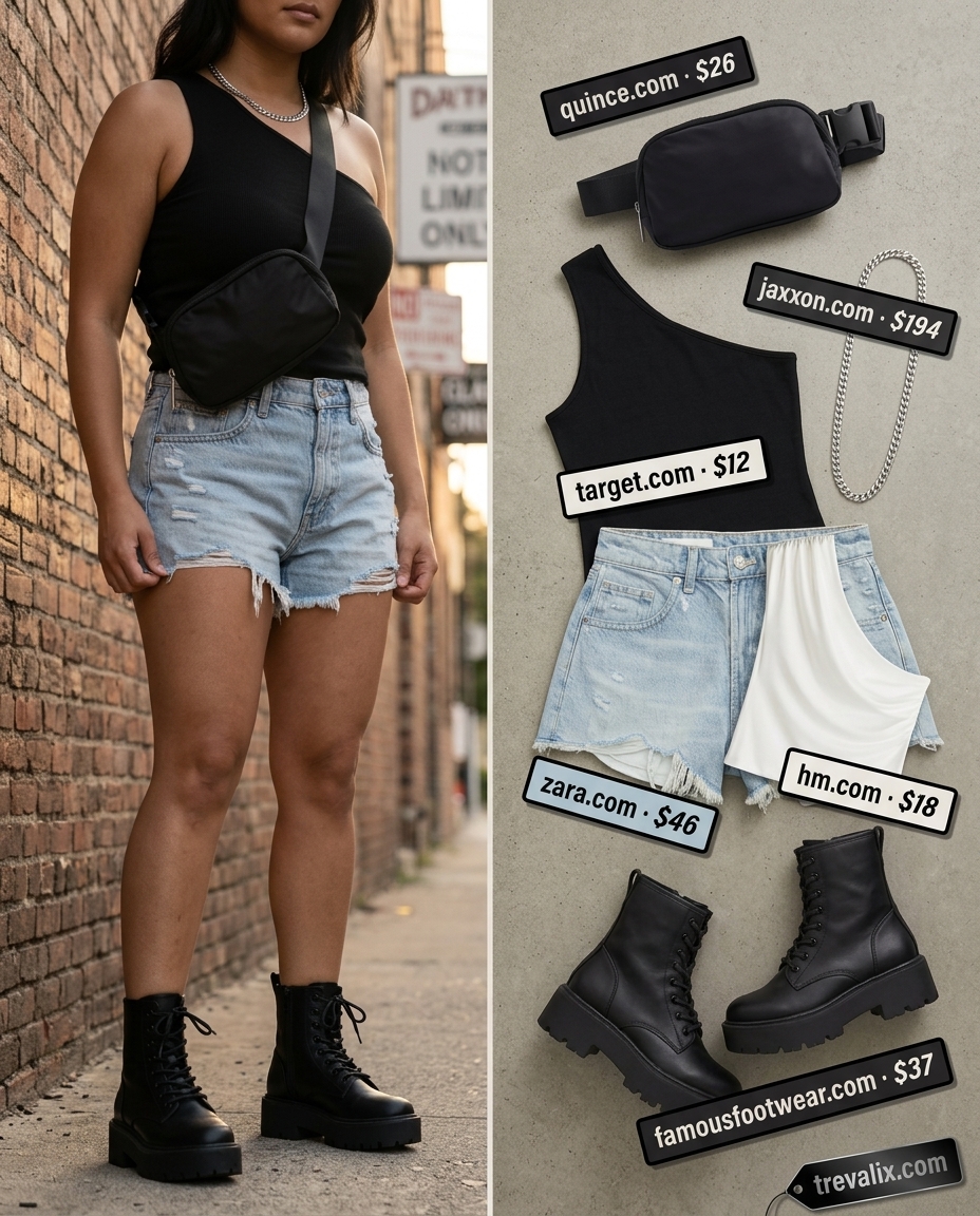 Black one-shoulder tank top with denim shorts for women 2026, cool for concerts and edgy night outs.