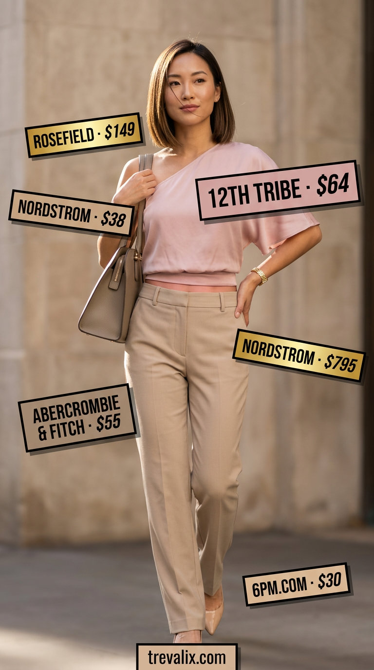Blush pink one-shoulder knit top with beige trousers for women 2026, chic for smart casual and office events.