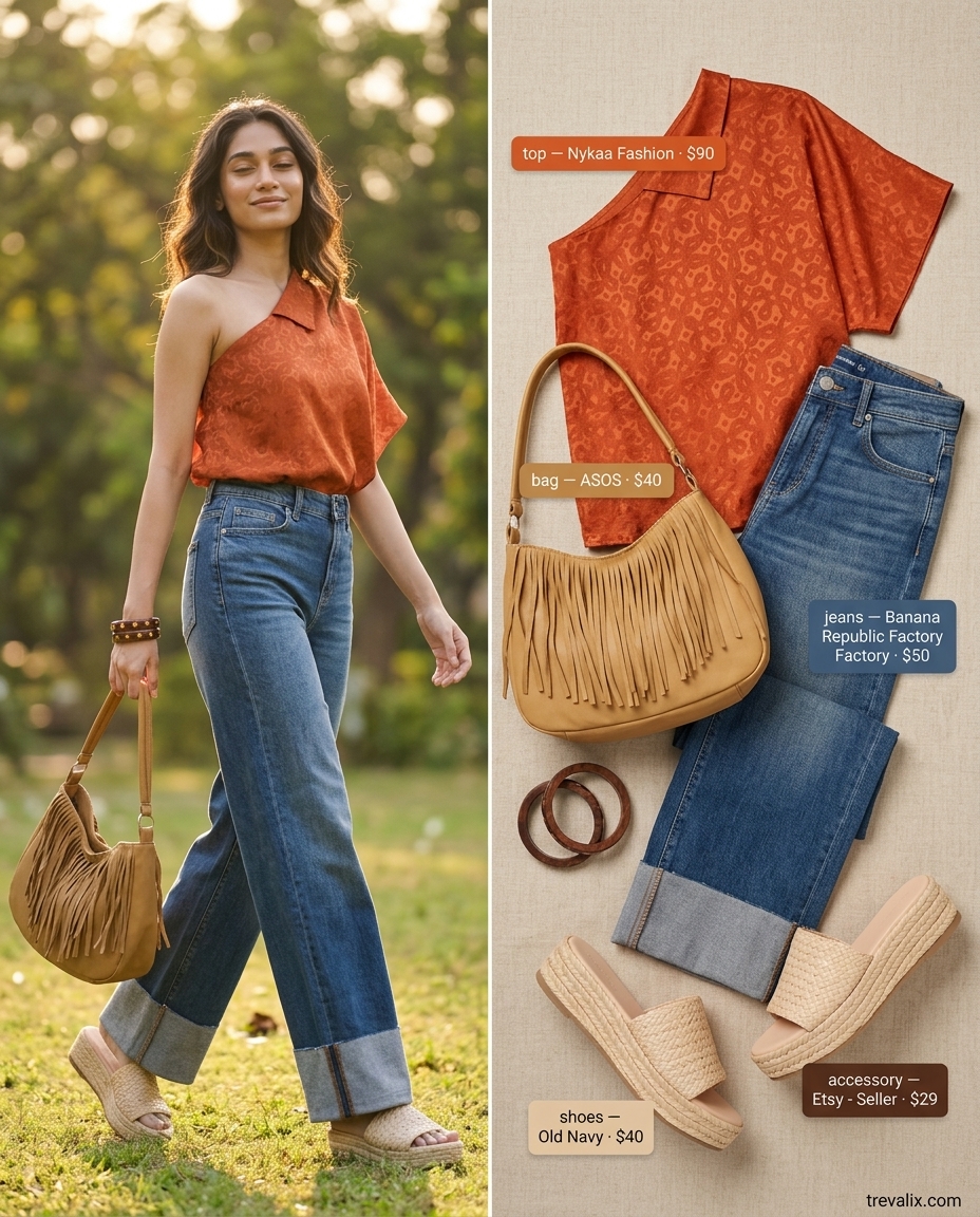 Boho chic one shoulder peasant blouse, wide leg jeans, espadrilles for summer outfits 2026.