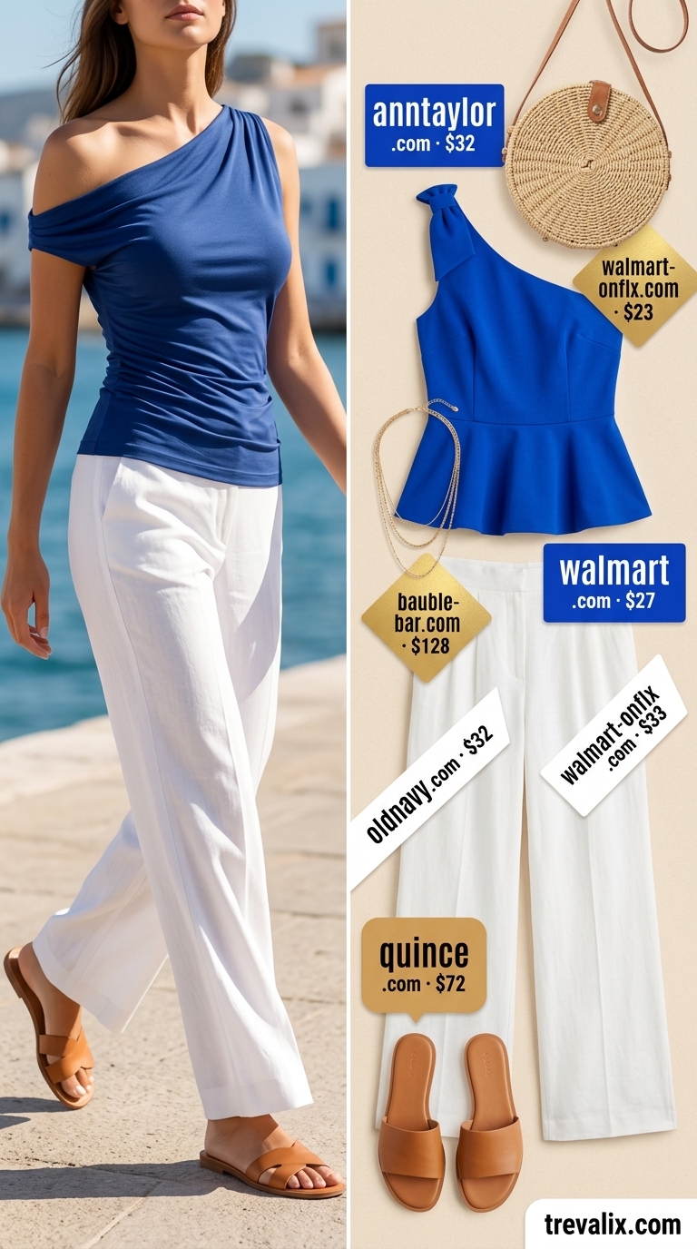 Cobalt blue one-shoulder top with linen trousers for women 2026, chic for seaside lunches and summer vacations.