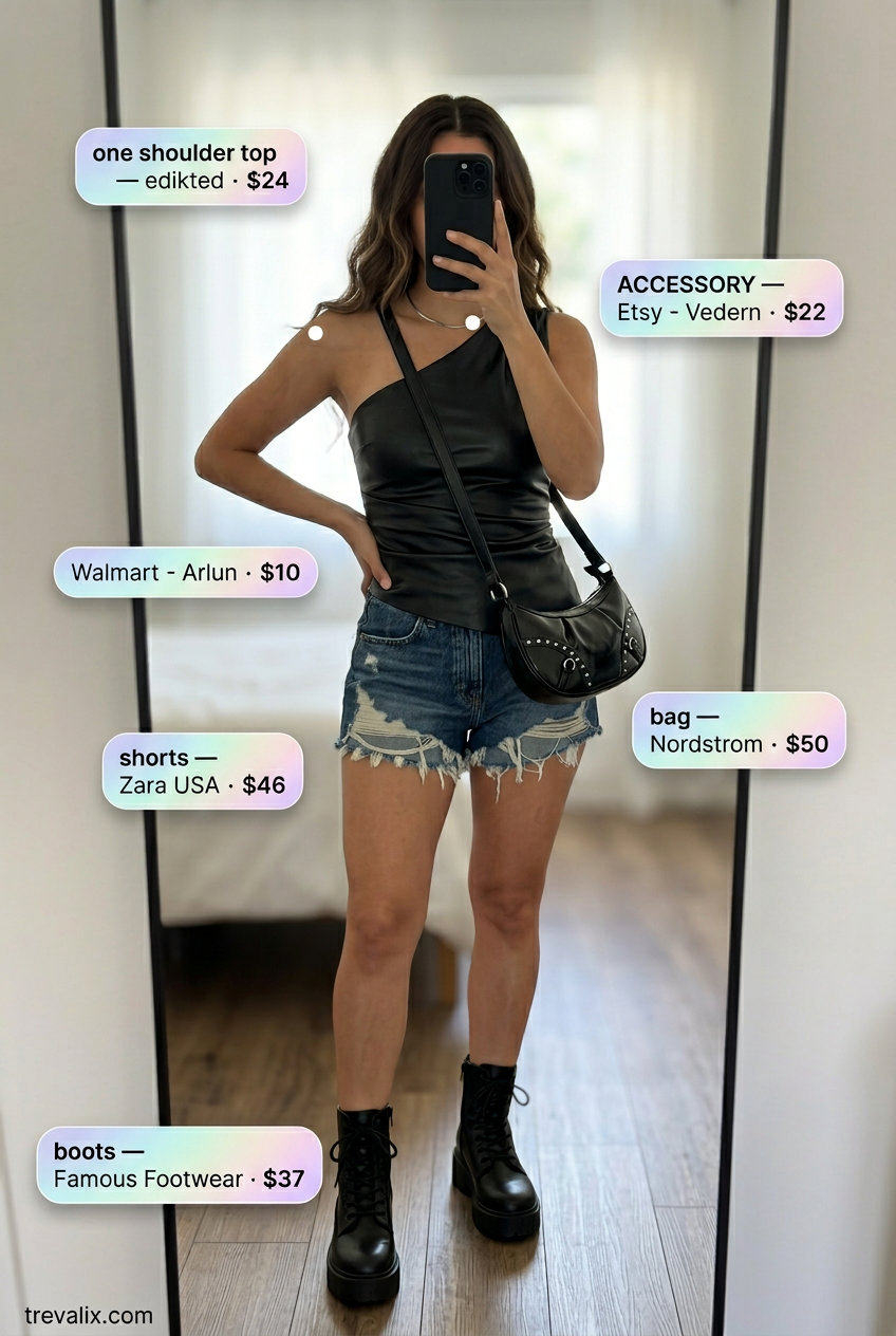 Edgy black one shoulder crop top, distressed denim shorts, combat boots for concert 2026.