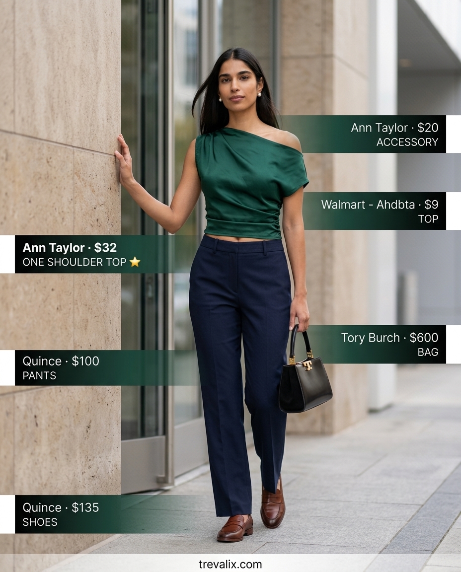 Emerald green one-shoulder blouse with navy trousers for women 2026, professional for office and business meetings.