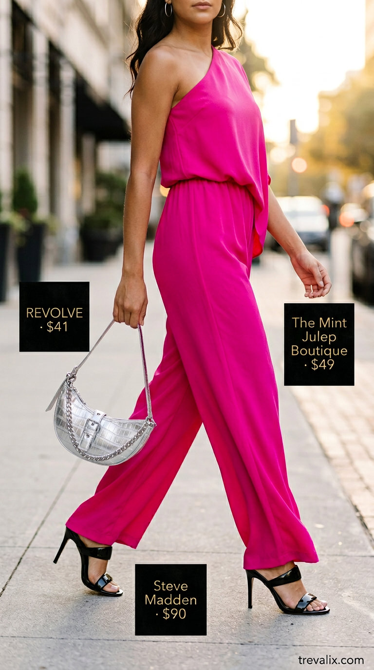 Fuchsia pink one-shoulder jumpsuit outfit for women 2026, perfect for summer evening events and cocktail parties.