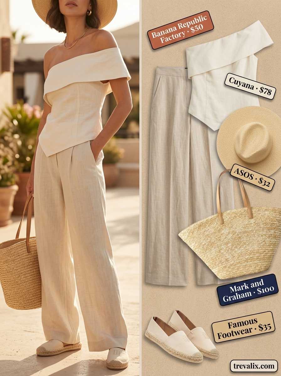 Cream linen one-shoulder crop top with wide-leg pants for women 2026, perfect for vacation and resort wear.