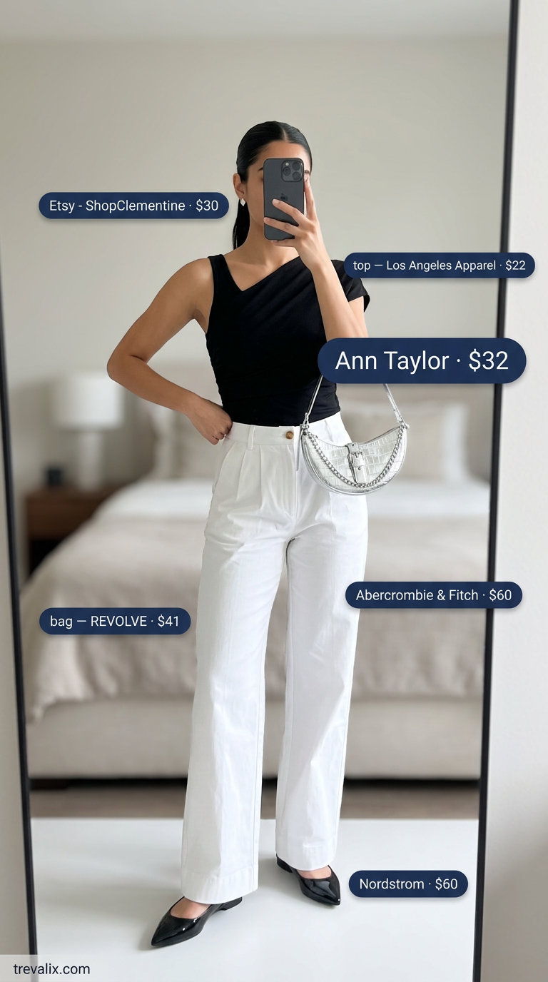 Modern Minimalist one shoulder top outfit for women 2026: Black top, white trousers, silver bag.