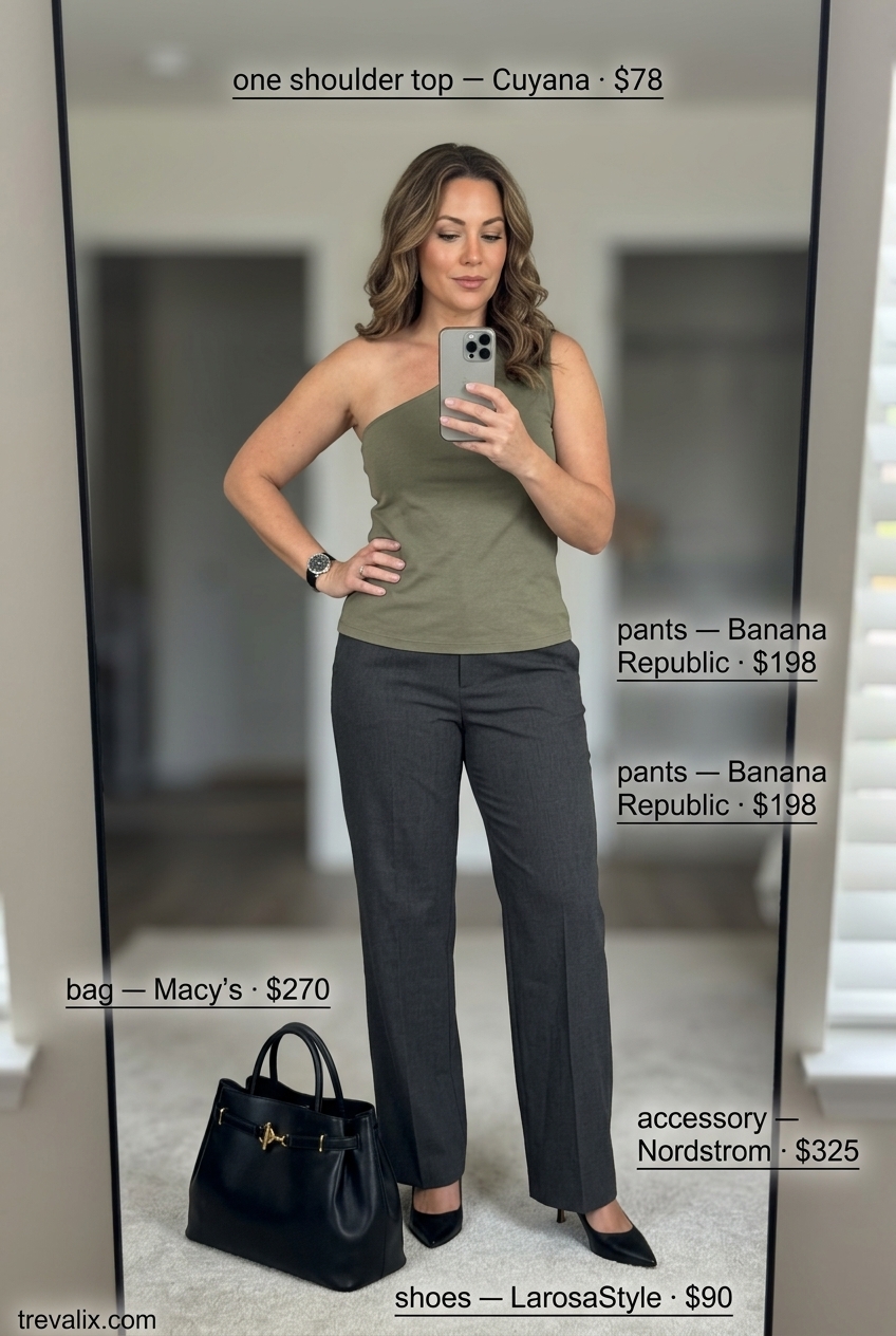 Professional olive green one shoulder knit top, charcoal trousers, pumps for office 2026.