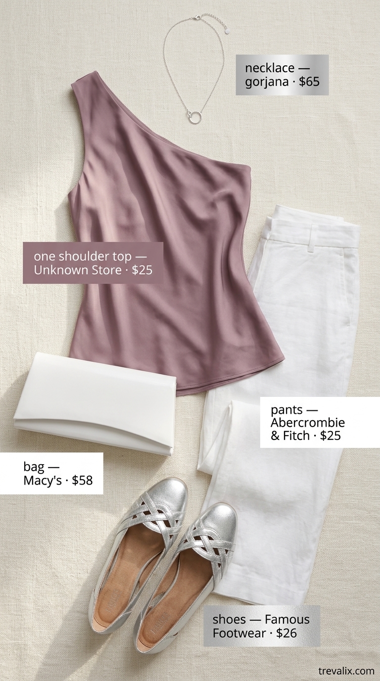 Pastel lilac one shoulder blouse, white trousers, ballet flats for garden party 2026.