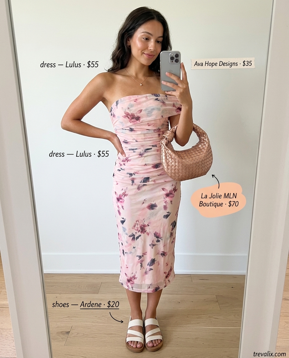 Romantic Summer Date one shoulder dress outfit for women 2026: Blush pink floral dress, rose gold necklace.
