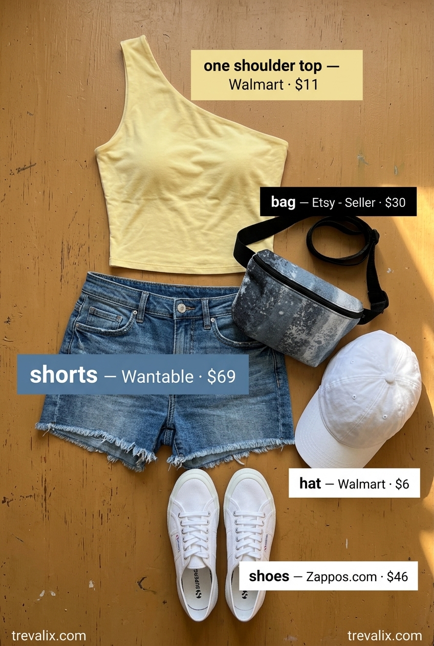 Sporty yellow one shoulder tank top, denim shorts, sneakers for active summer 2026.