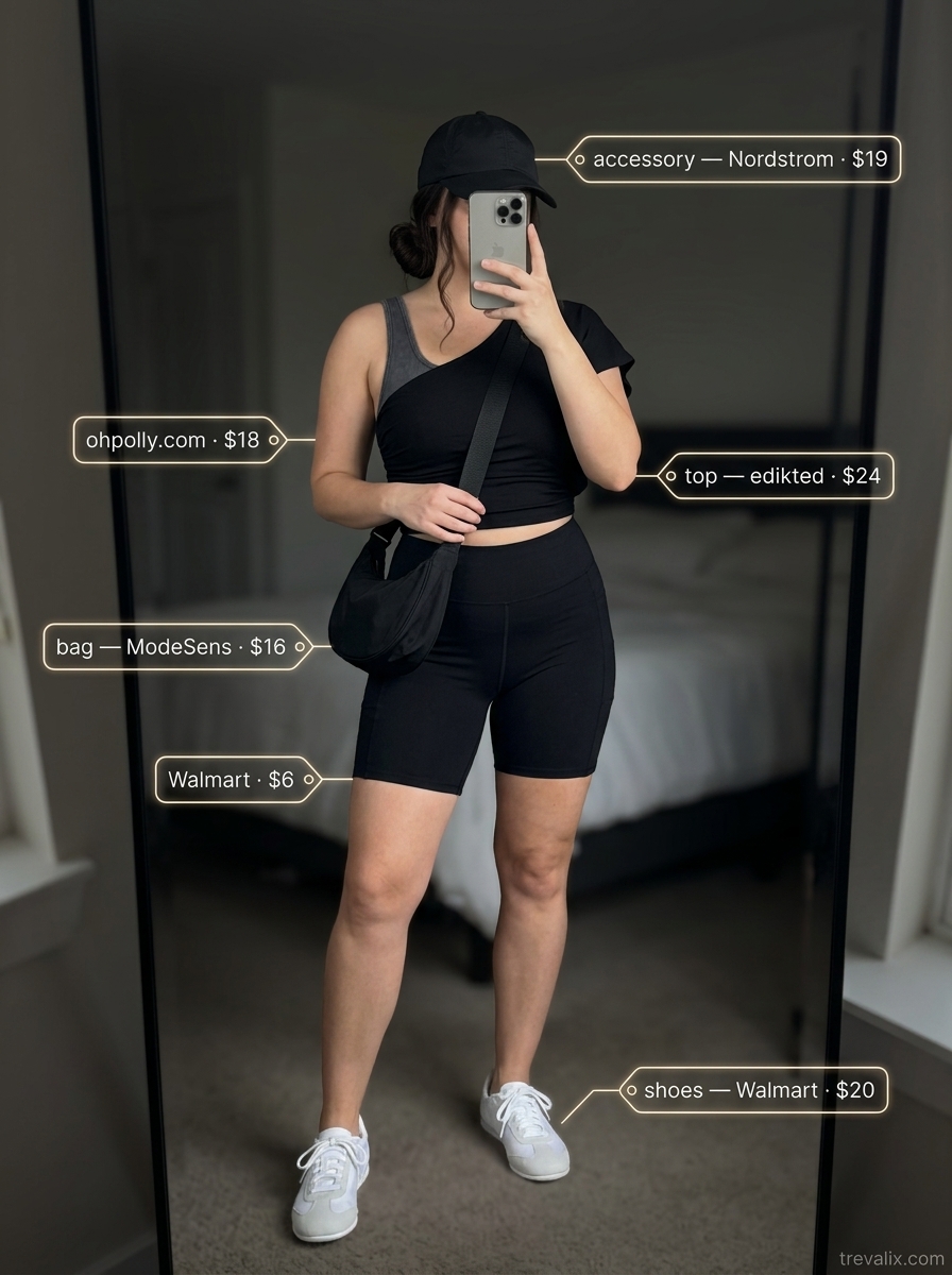 Sporty Chic one shoulder sports bra outfit for women 2026: Charcoal grey bra, black biker shorts, cap.