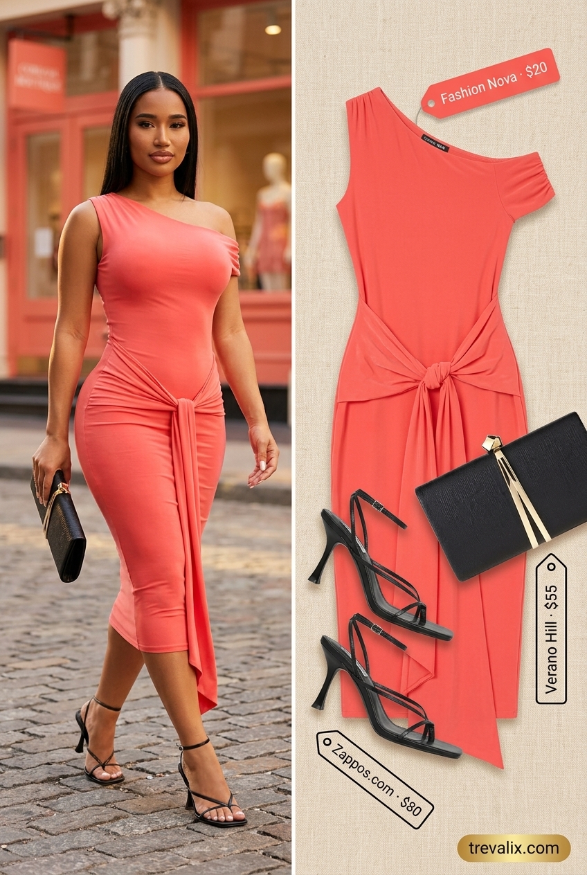 Sunset Glow one shoulder midi dress outfit for women 2026: Coral dress, gold cuff, black heels.