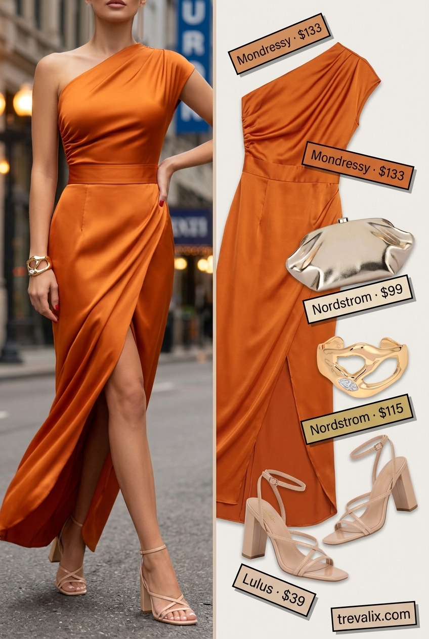 Sunset orange one-shoulder maxi dress outfit for women 2026, elegant for summer weddings and date nights.