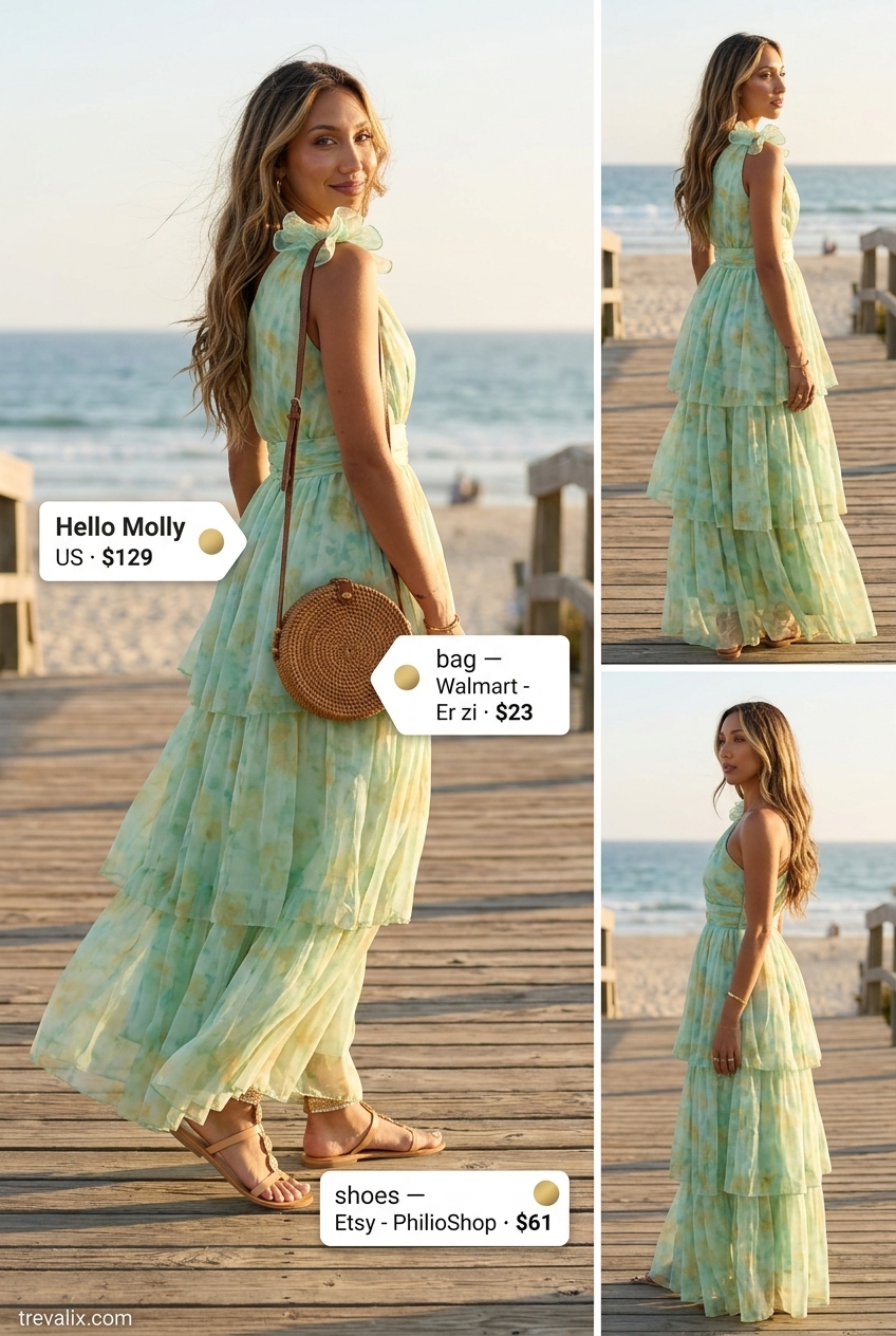 Tropical Getaway one shoulder maxi dress outfit for women 2026: Floral print dress, straw bag, hat.