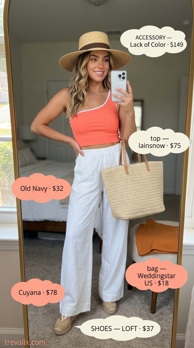 Vacation coral one shoulder blouse, palazzo pants, straw hat for resort wear 2026.