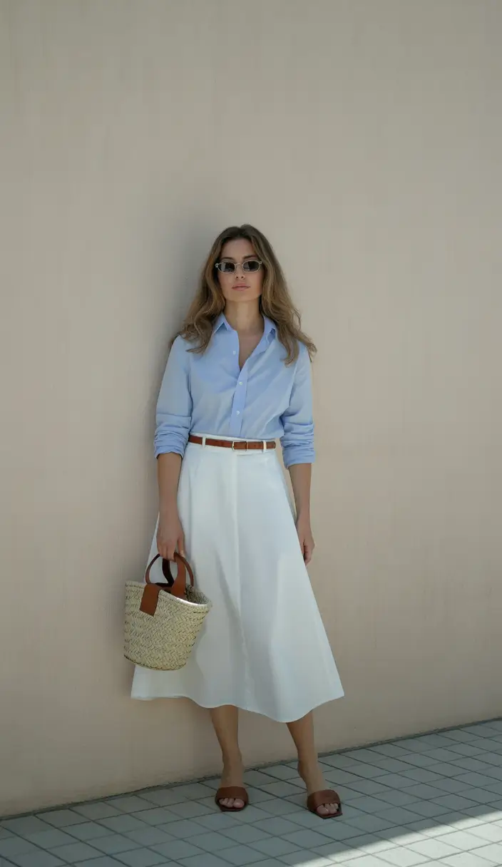 25 summer outfit for women over 40 2026 Blue Shirt and Midi Skirt - Light, Feminine, and Timeless