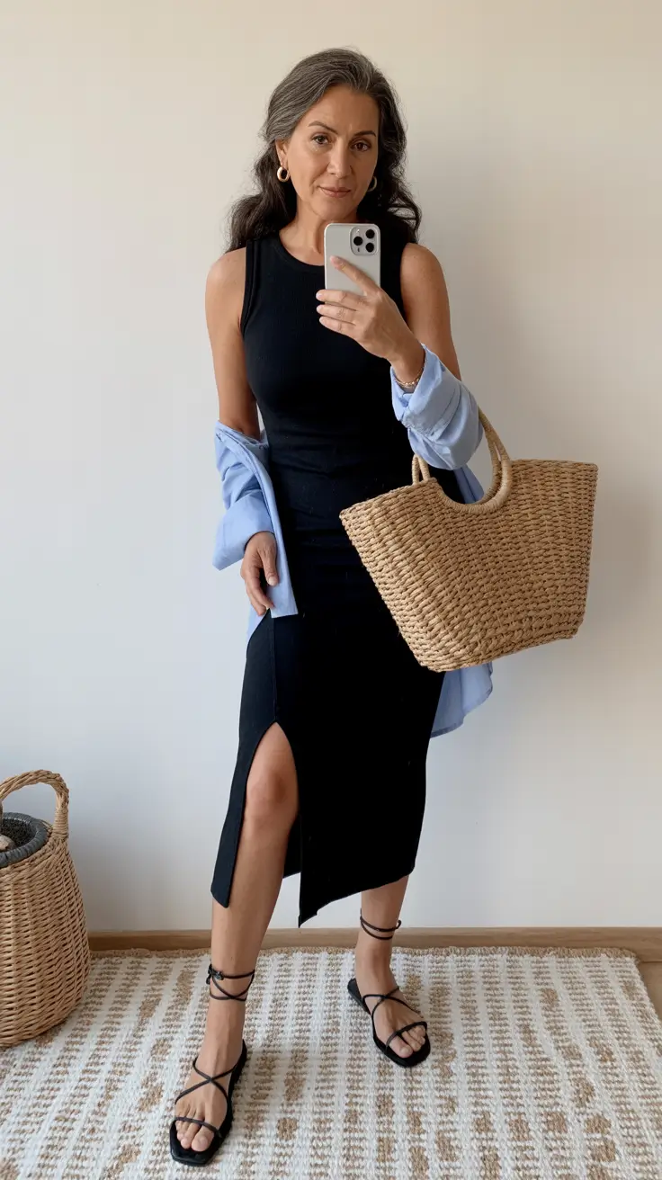 25 summer outfit for women over 40 2026 Black Midi Dress and Light Shirt - Effortless Summer Contrast