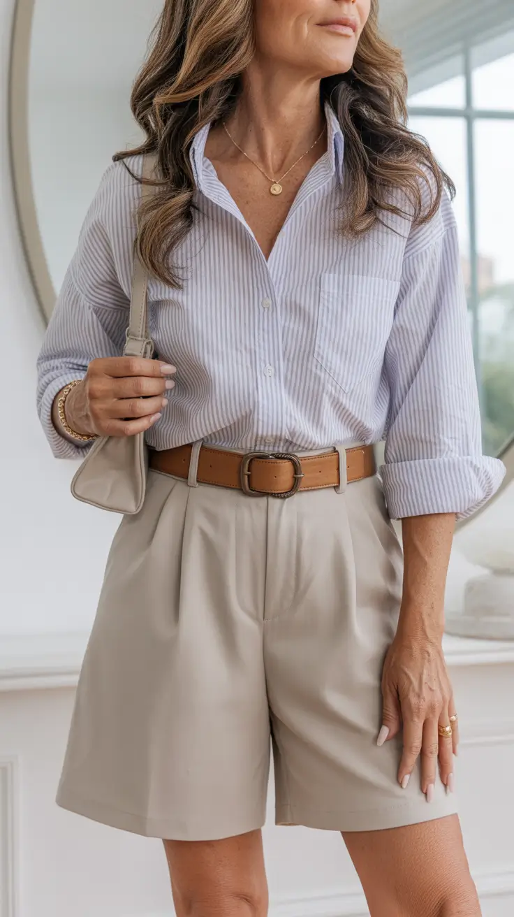 25 summer outfit for women over 40 2026 Striped Shirt and Tailored Shorts - Polished Summer Simplicity