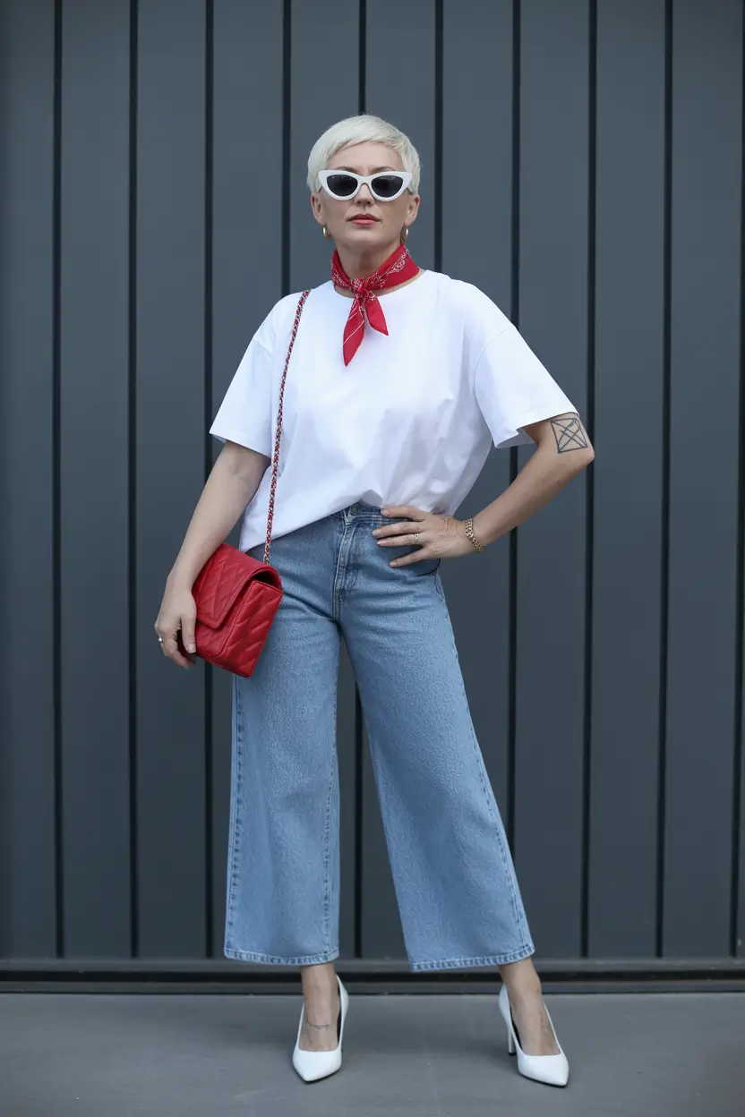 25 summer outfit for women over 40 2026 White Tee and Wide-Leg Jeans - Minimal with an Edgy Twist