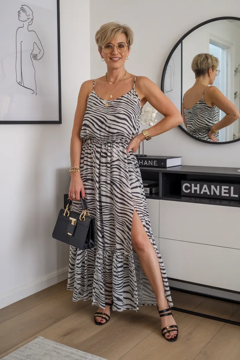 25 summer outfit for women over 40 2026 Zebra Print Maxi Dress - Statement Elegance for Summer Evenings
