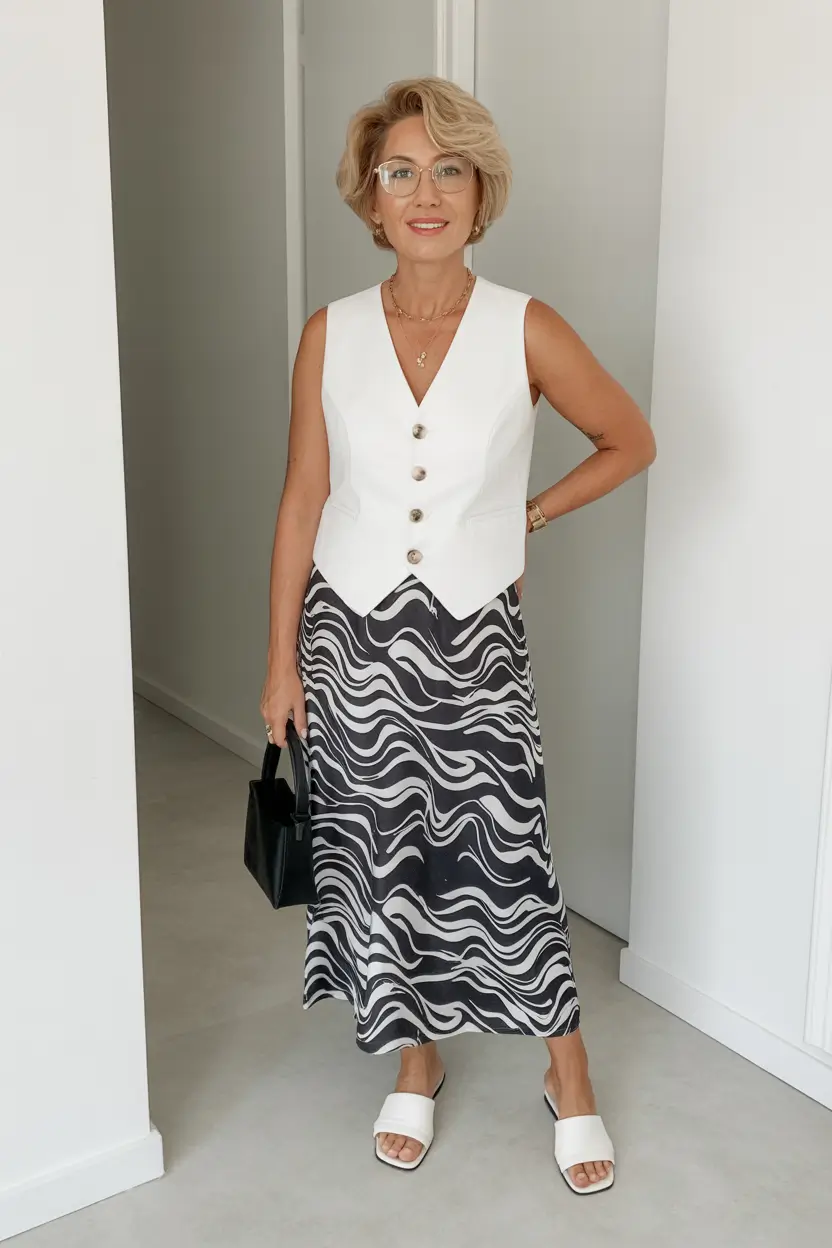 25 summer outfit for women over 40 2026 White Vest and Printed Skirt - Clean Lines with Personality