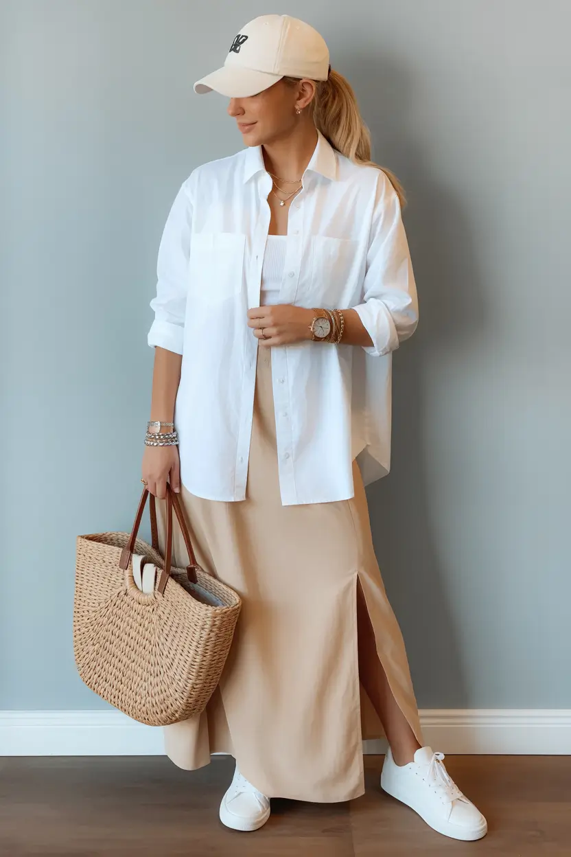 25 summer outfit for women over 40 2026 Oversized Shirt and Slip Skirt - Travel-Friendly Summer Layers