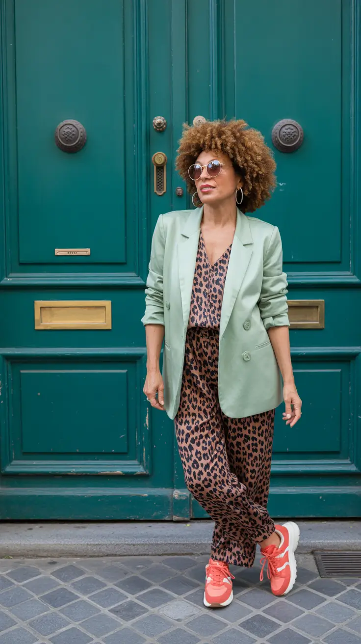 25 summer outfit for women over 40 2026 Printed Jumpsuit with Blazer - Playful Meets Polished