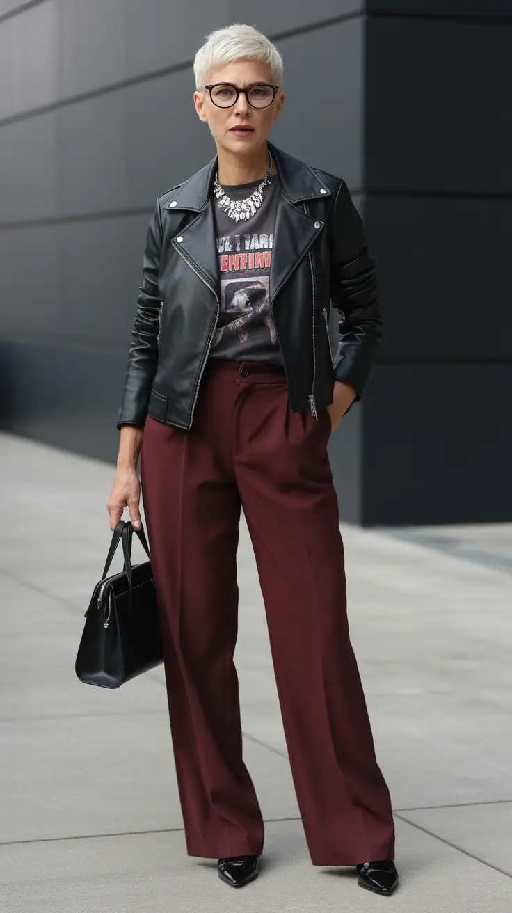 25 summer outfit for women over 40 2026 Leather Jacket and Wide-Leg Pants - A Summer Edge Twist
