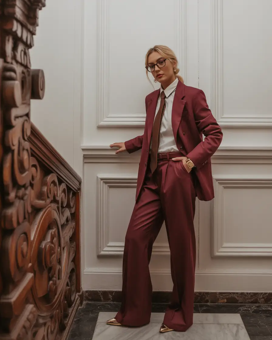 25 summer outfit for women over 40 2026 Tailored Burgundy Suit - Power Dressing with a Soft Edge