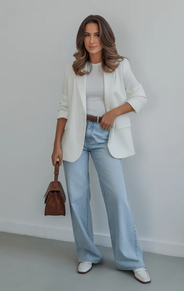 25 summer outfit for women over 40 2026 White Blazer and Wide-Leg Denim - Clean Lines, No Effort