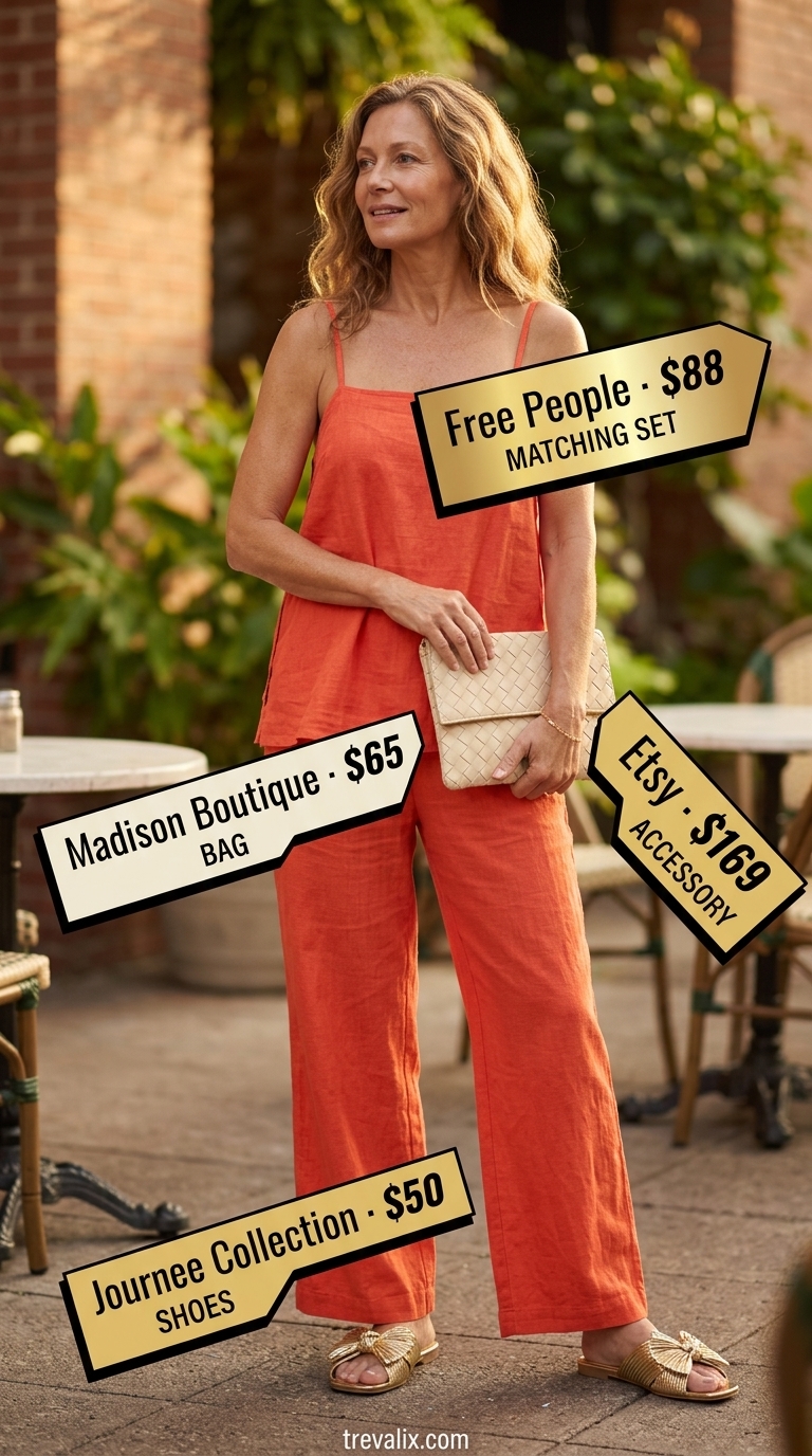 Chic summer outfit for women over 60 2026: Coral linen matching set with cream straw bag and gold sandals for brunch.