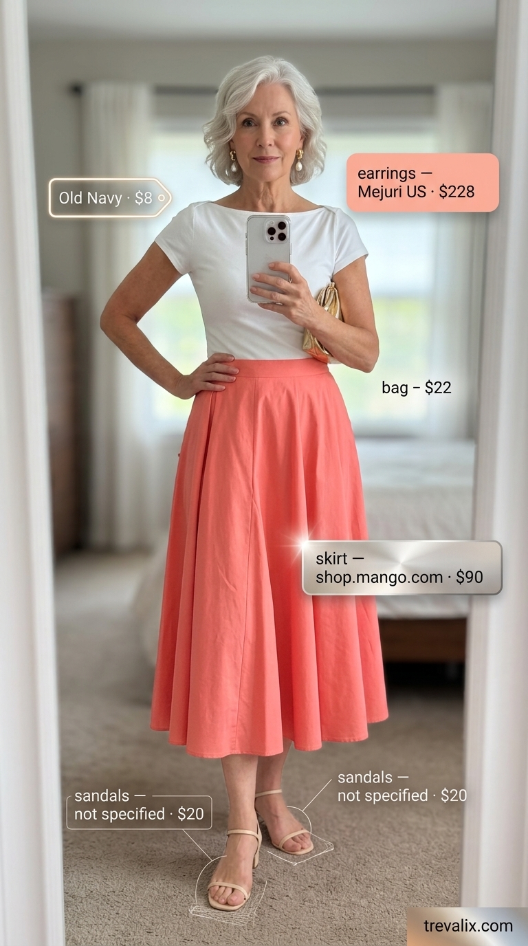 Feminine summer outfit for women over 60 2026: Coral A-line skirt with ivory knit top, gold clutch, and pearl earrings.