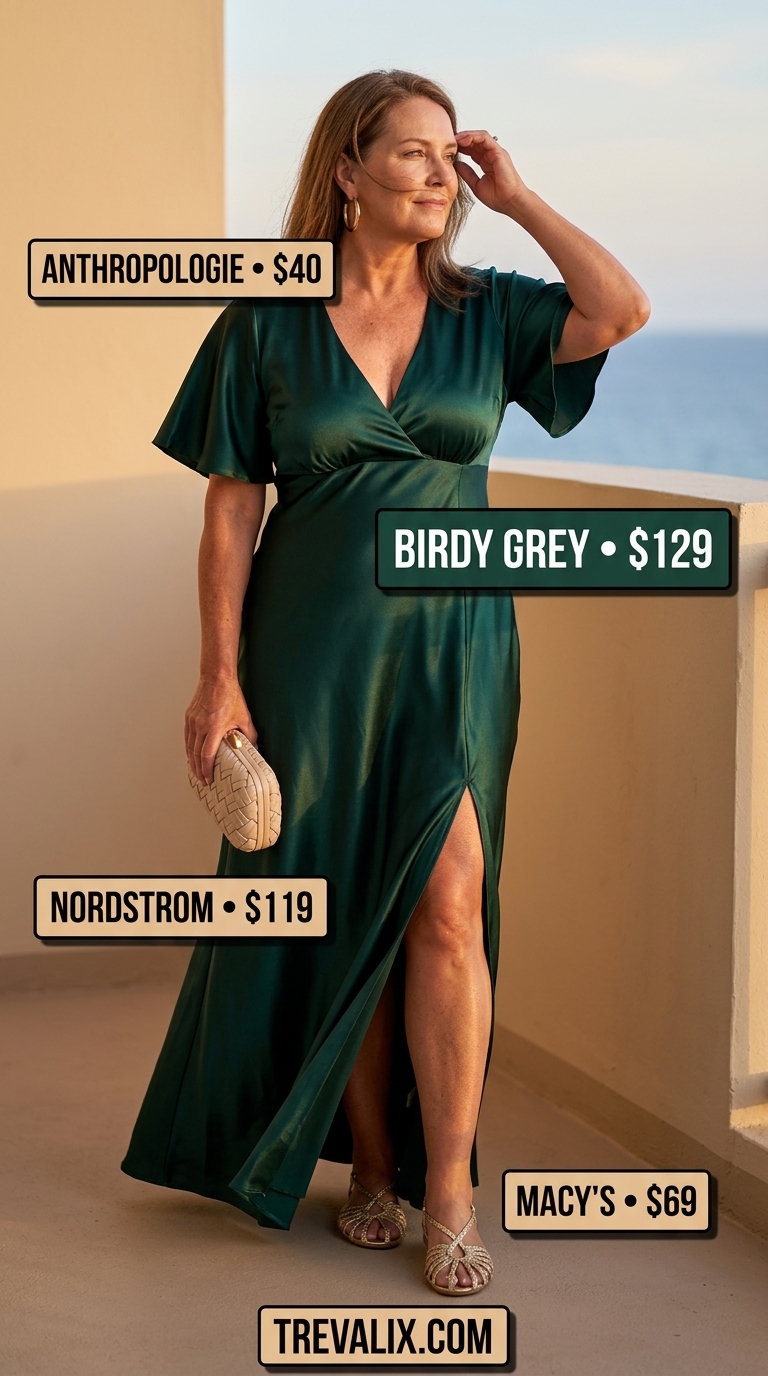 Luxurious summer outfit for women over 60 2026: Emerald green maxi dress with gold accents and woven clutch for vacation.
