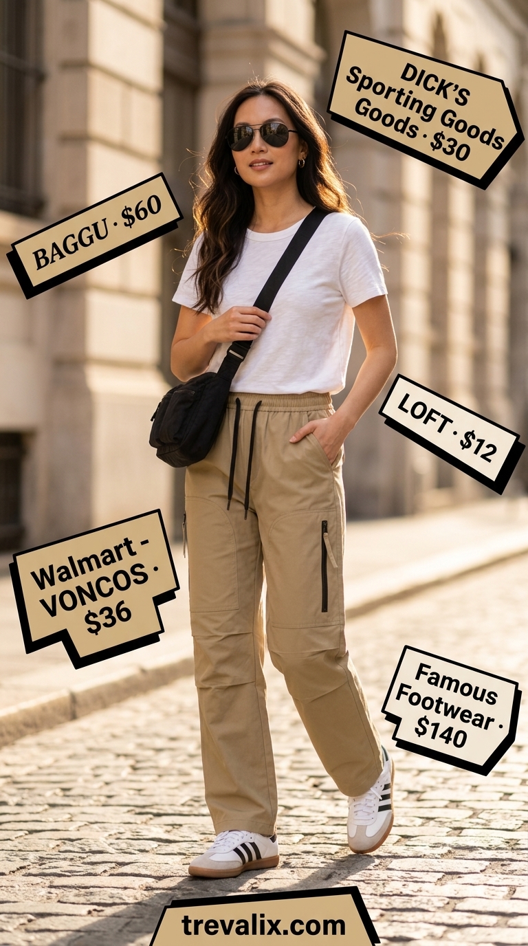 Stylish summer outfit for women over 60 2026: Khaki cargo pants with white tee, sneakers, and crossbody bag for city exploring.