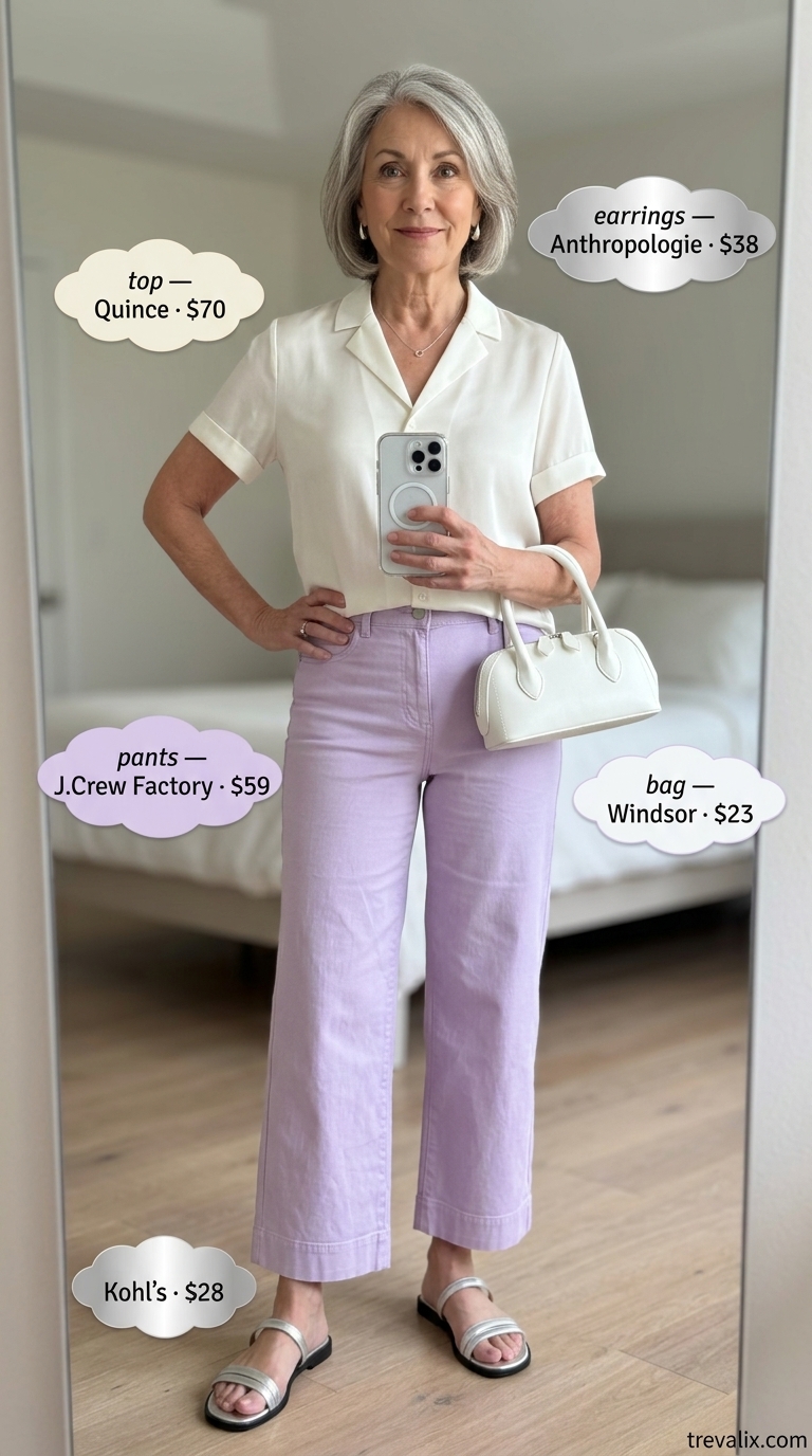 Refined summer outfit for women over 60 2026: Lavender trousers with silk blouse, silver sandals, and top-handle bag.