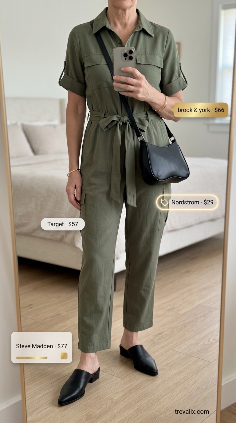 Modern summer outfit for women over 60 2026: Olive utility jumpsuit with black crossbody and gold accents for casual days.