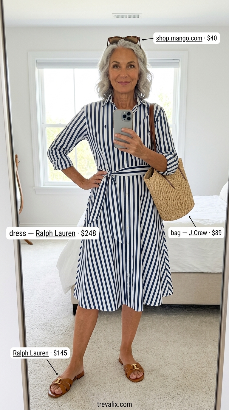 Classic summer outfit for women over 60 2026: Navy striped shirt dress with tan sandals and straw tote for casual days.