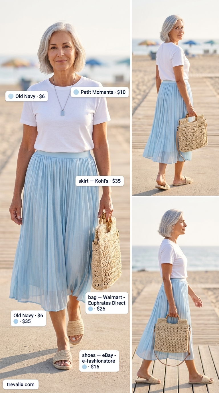 Serene sky blue pleated skirt summer outfit for women over 60 2026. Perfect for beach vacations.
