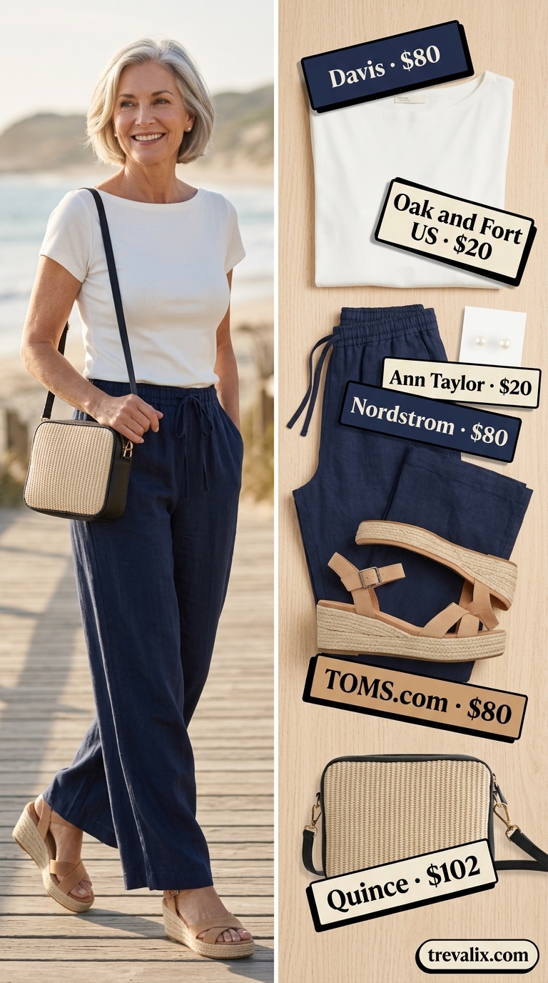 Summer outfit for women over 60 2026: Navy wide-leg linen pants, cream knit top, and tan espadrilles for coastal chic.