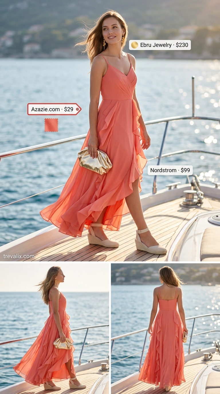 Vibrant coral maxi dress summer outfit for women over 60 2026. Perfect for resort dinners & cruises.