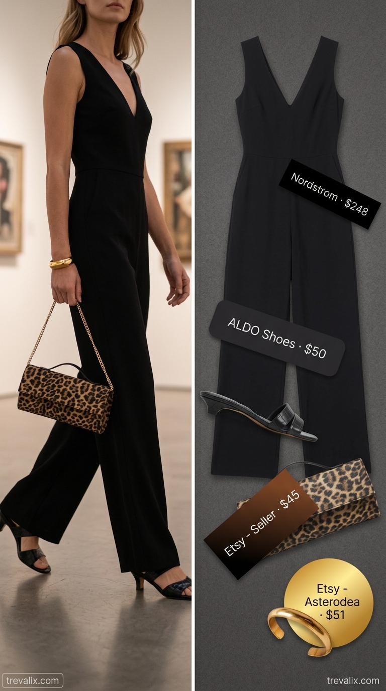 Summer outfit for women over 60 2026: Black wide-leg jumpsuit, gold cuff, and animal print clutch for evening elegance.